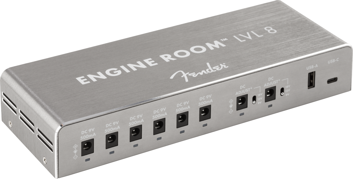 Rectangular metal FX pedal power supply with eight DC outputs, two adjustable voltage ports, and USB-A and USB-C charging ports on the front panel.