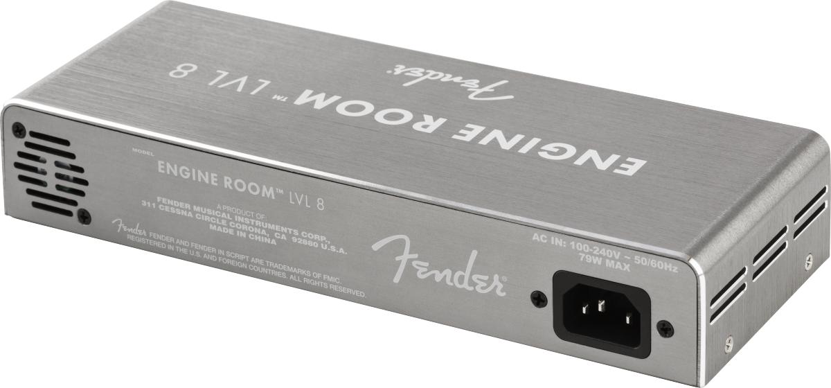 Rectangular silver FX Pedals power supply labeled "Fender Engine Room LVL 8" with AC input port and vent slits on the sides.
