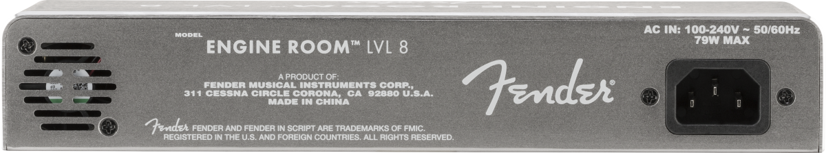 Fender Engine Room LVL 8 FX pedal power supply, labeled with power input specs and ventilation slots on the left, standard AC connector on the right.