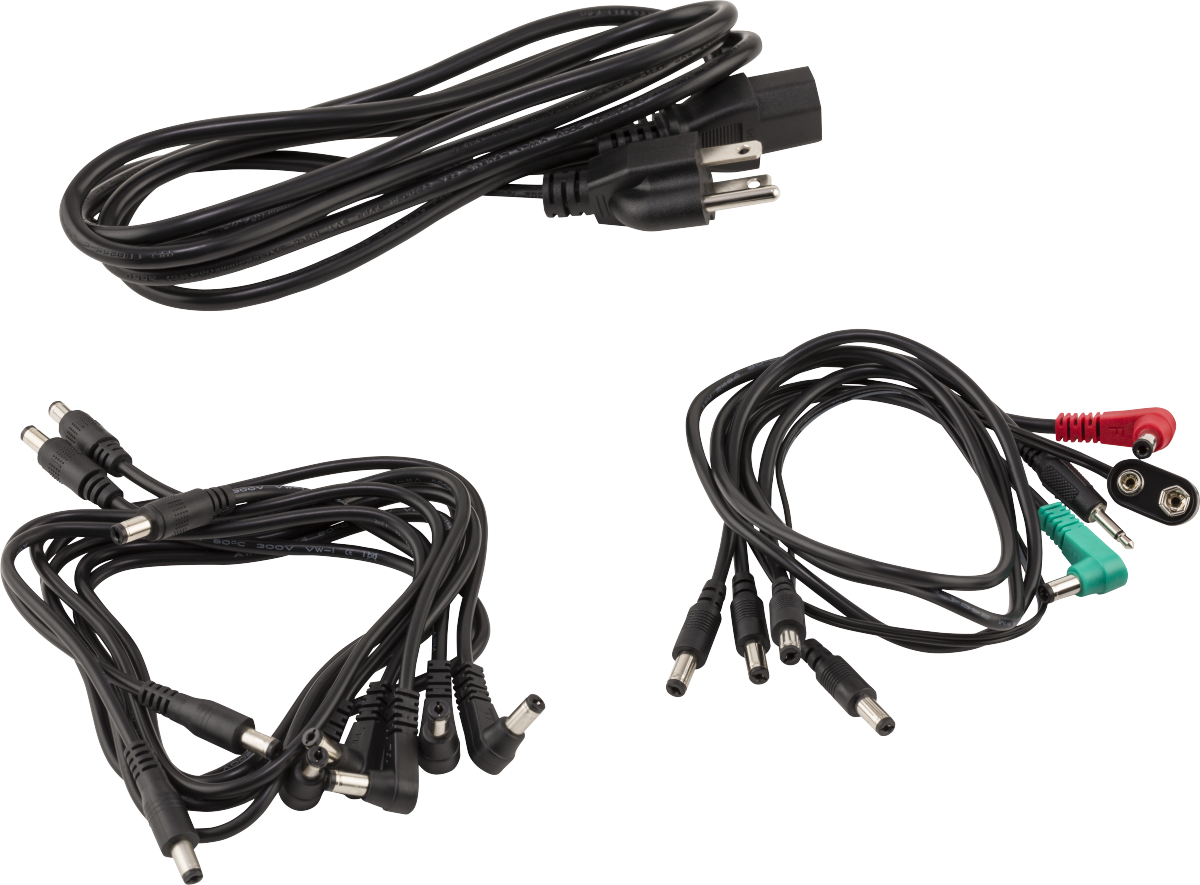 Three sets of black cables for FX pedals: a power cable with a plug, a multi-connector daisy chain, and varied patch cables with colored ends.