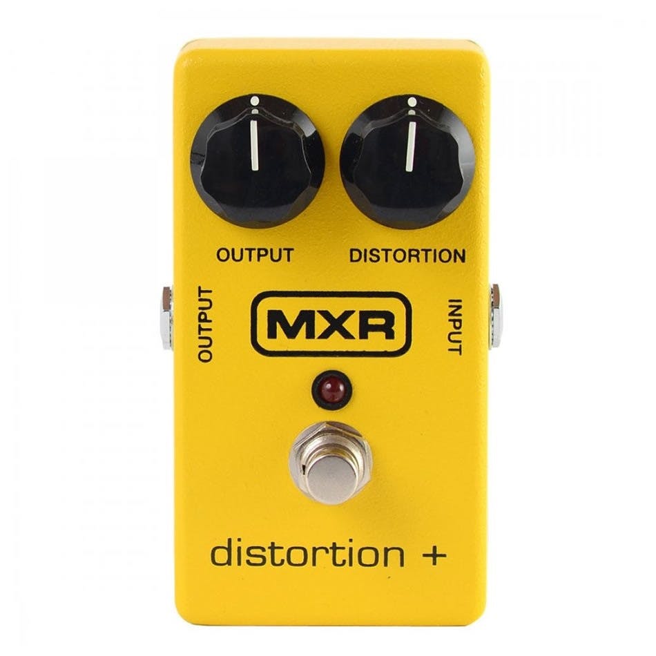 Yellow MXR Distortion+ overdrive distortion pedal with two black knobs labeled Output and Distortion, a footswitch, and a small red LED.