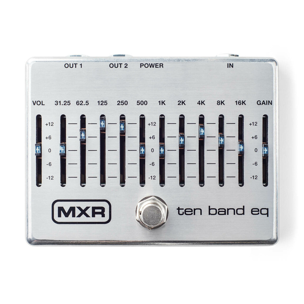 MXR ten band EQ effects pedal with 10 vertical sliders for frequency bands, labeled VOL and GAIN, plus footswitch and input/output jacks.