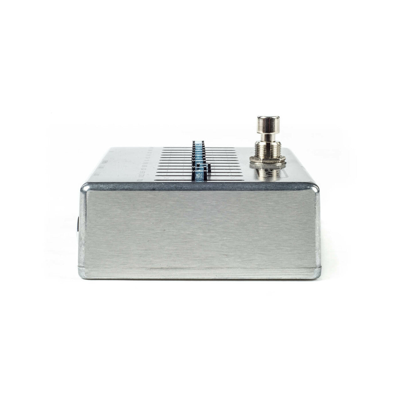Rectangular metal effects pedal with a row of small vertical sliders and a single round footswitch on the top panel.