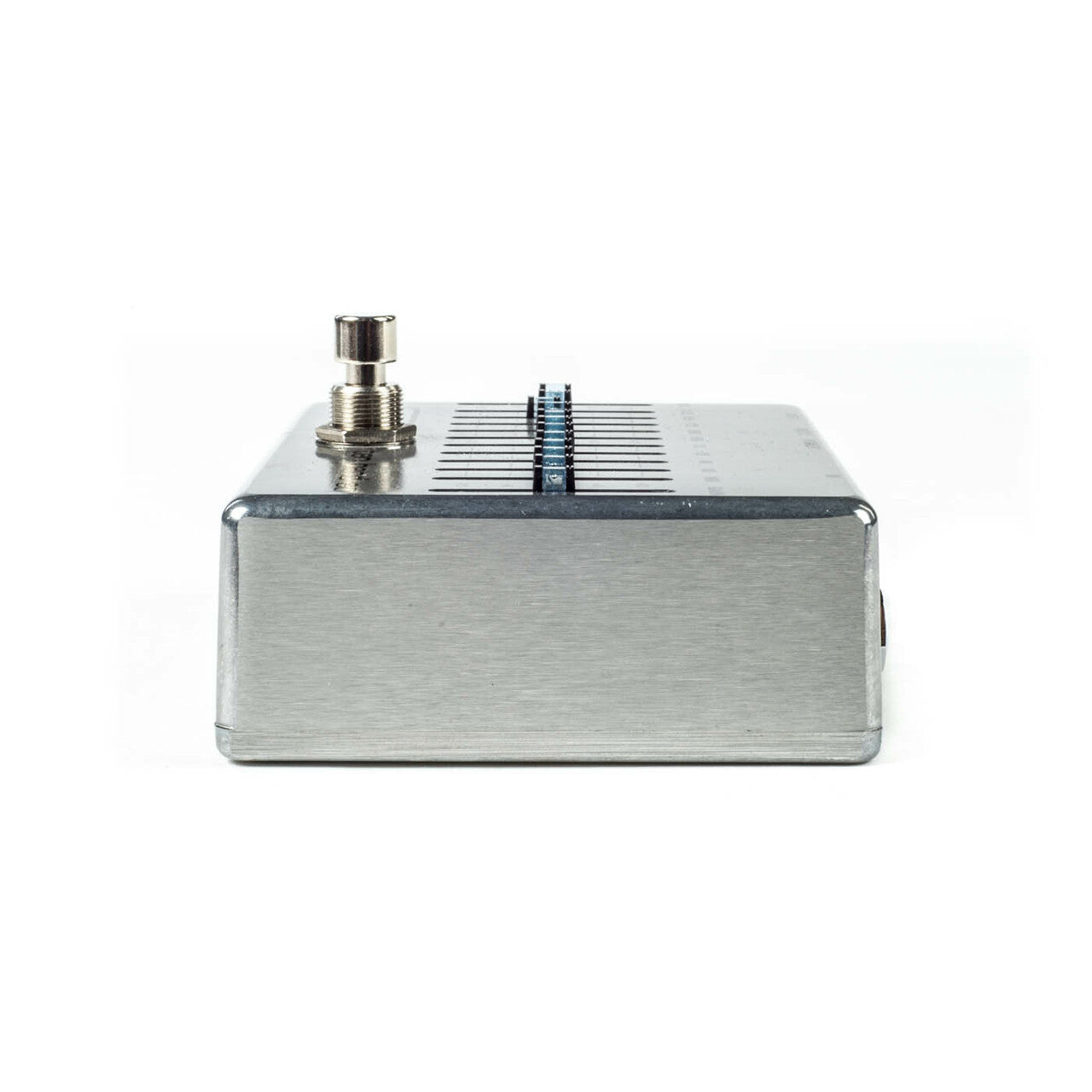 Rectangular metal effects pedal, viewed from the side, with a single footswitch and a row of small sliders on the top surface.
