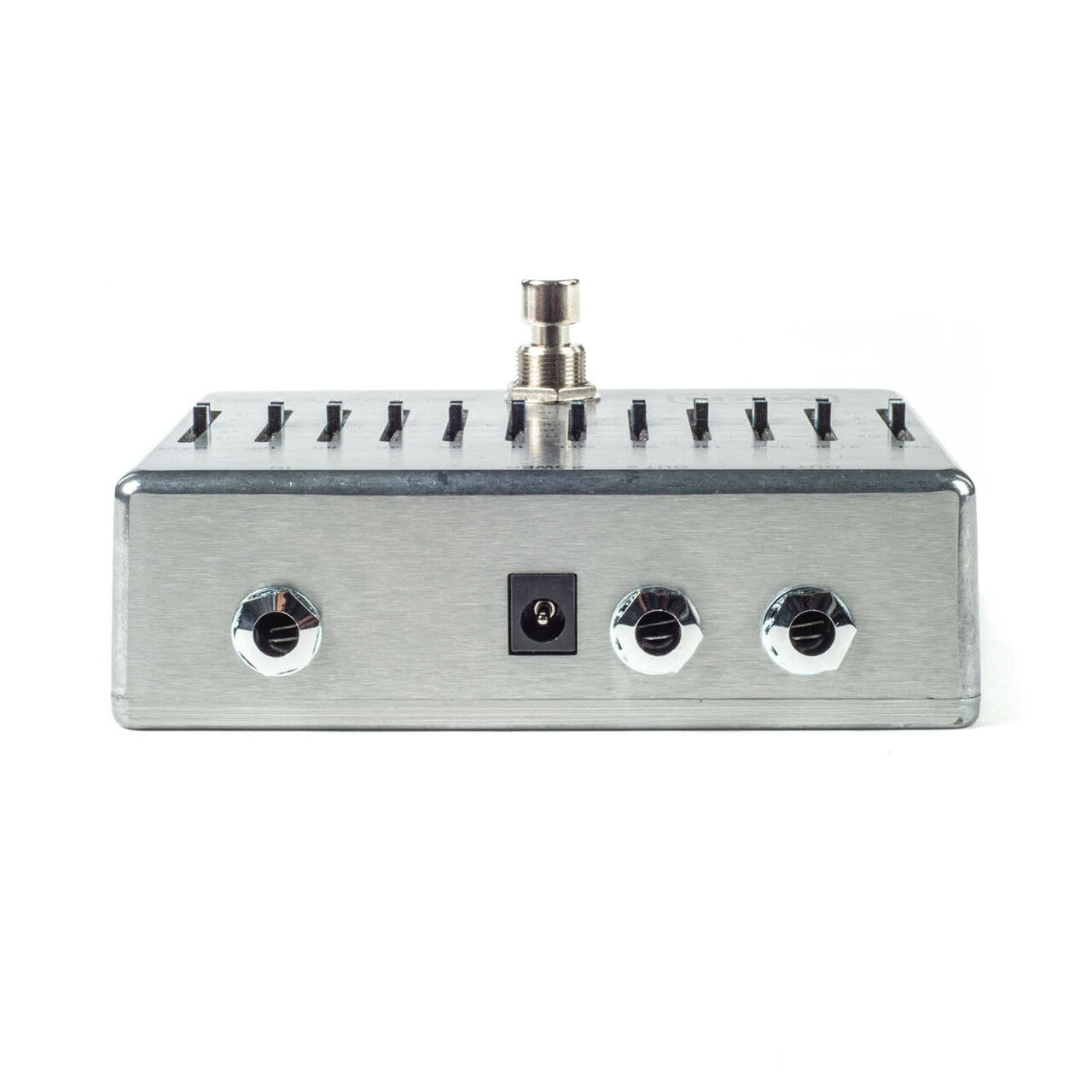 Rectangular metal effects pedal with three quarter-inch input/output jacks, a power port on the front, sliders and a footswitch on top.