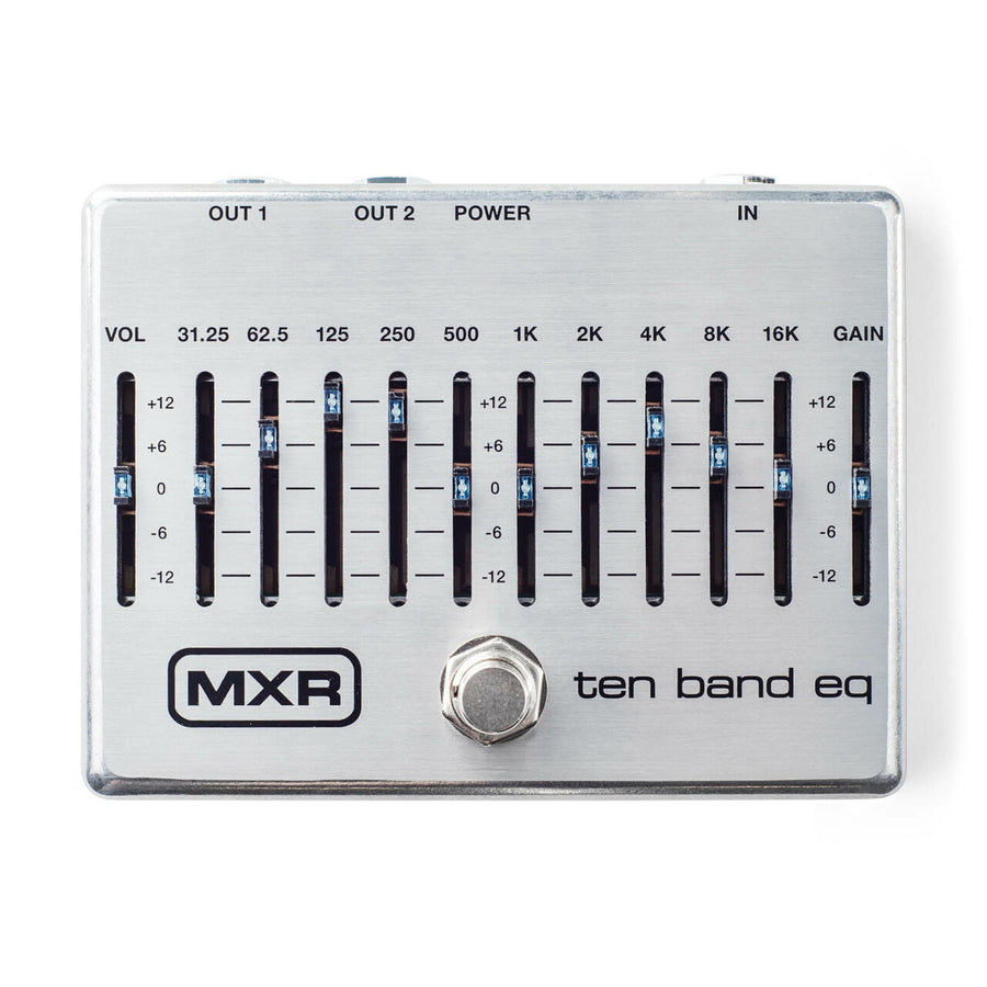 MXR ten band EQ effects pedal with 10 vertical sliders for frequency bands, labeled VOL and GAIN, plus footswitch and input/output jacks.