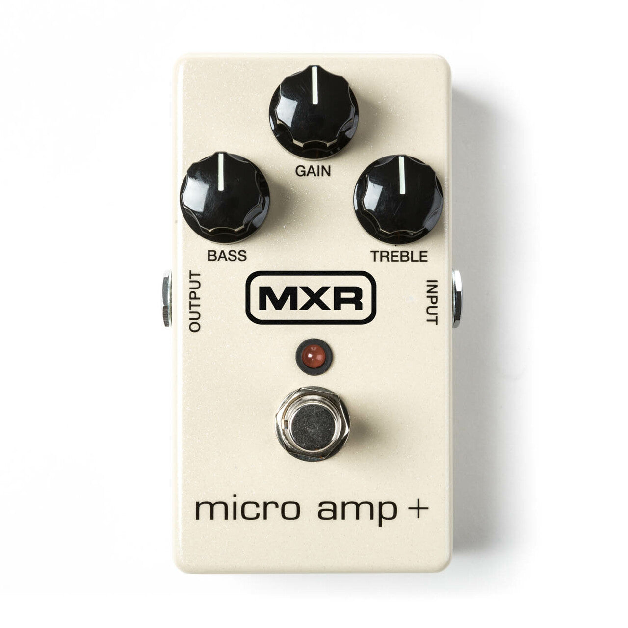 MXR Micro Amp+ effects pedal, cream-colored with three black knobs labeled Gain, Bass, Treble, footswitch, LED, and input/output jacks.