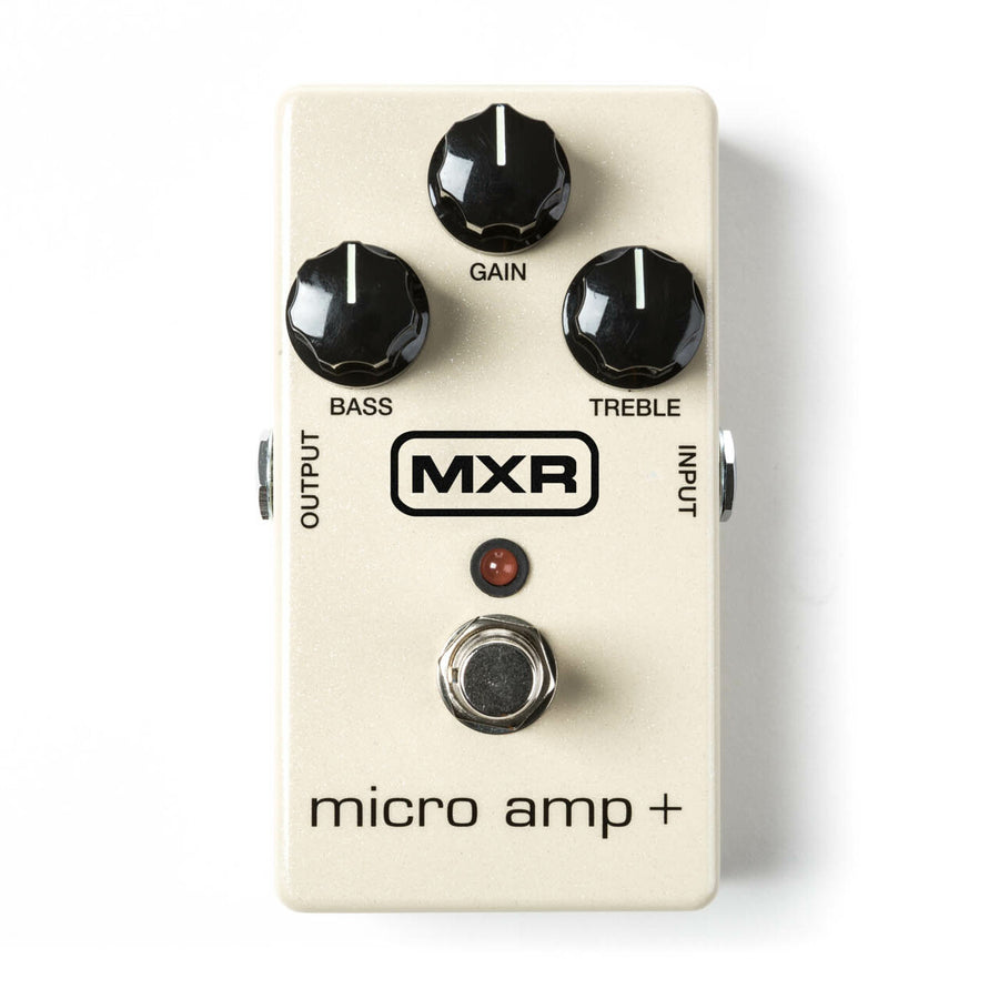 MXR Micro Amp+ effects pedal, cream-colored with three black knobs labeled Gain, Bass, Treble, footswitch, LED, and input/output jacks.