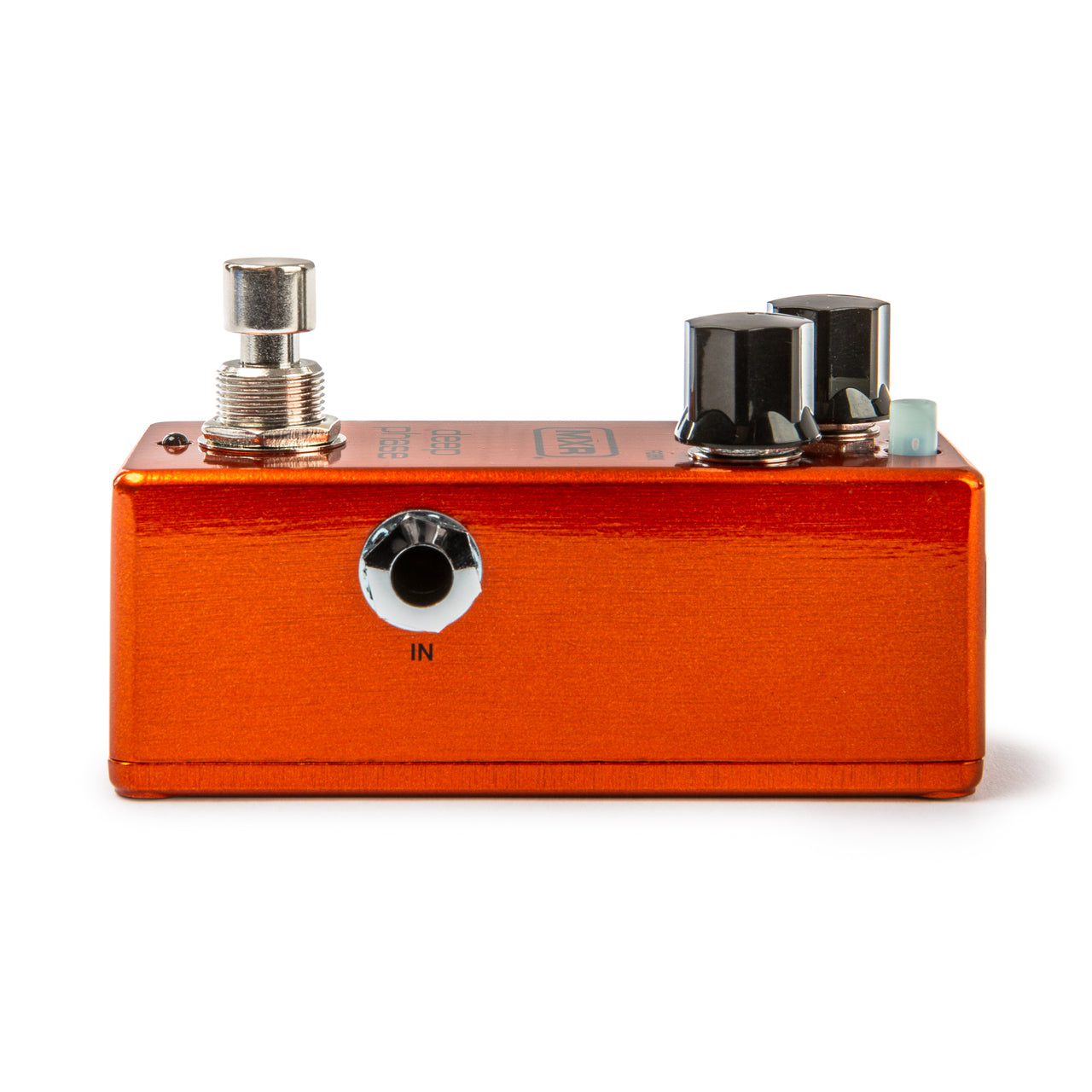 Orange FX pedal with one footswitch, two black control knobs, an input jack labeled "IN," and a small light indicator on top.