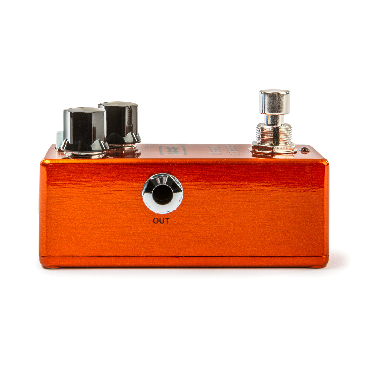 Orange FX pedal with two black control knobs, a metal footswitch, and an output jack labeled "OUT" on the side.