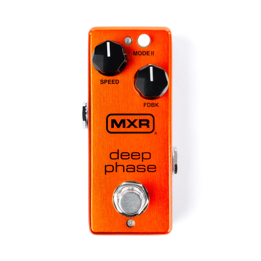 Bright orange MXR Deep Phase FX pedal with two black knobs labeled Speed and FDBK, and a silver footswitch at the bottom.
