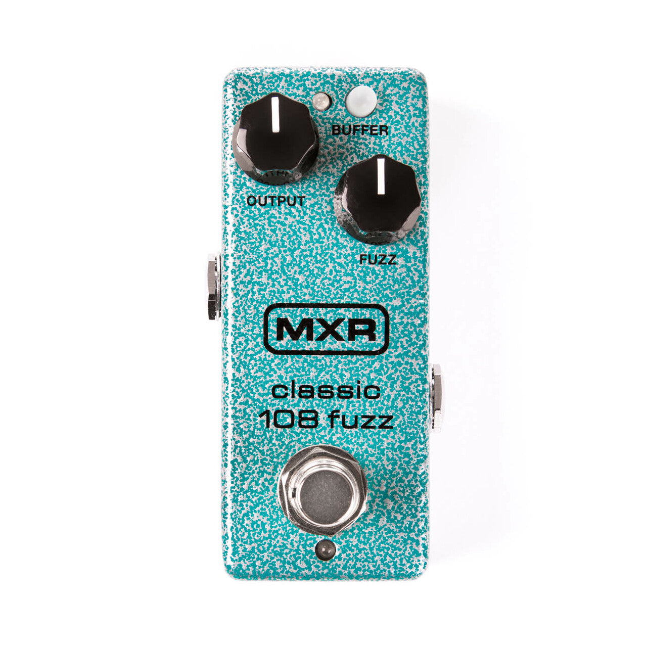 MXR Classic 108 Fuzz effects pedal in speckled turquoise, two large black knobs labeled Output and Fuzz, footswitch, and Buffer button.