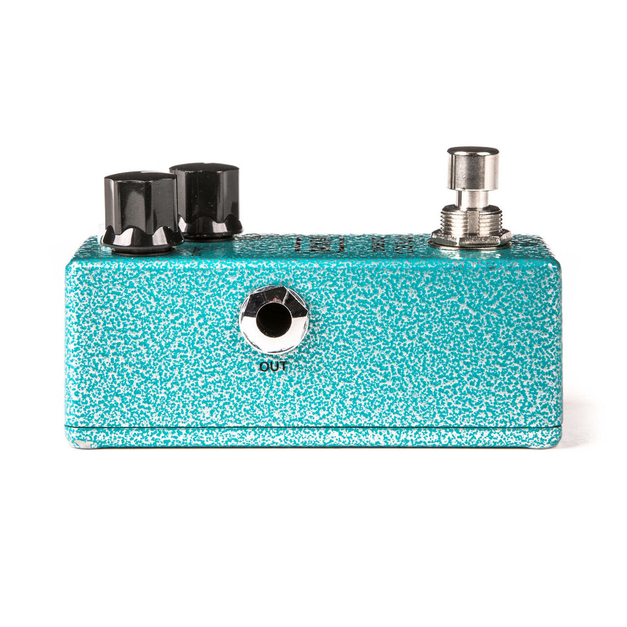 Teal speckled effects pedal with two black knobs, an output jack labeled "OUT," and a metal footswitch on top.