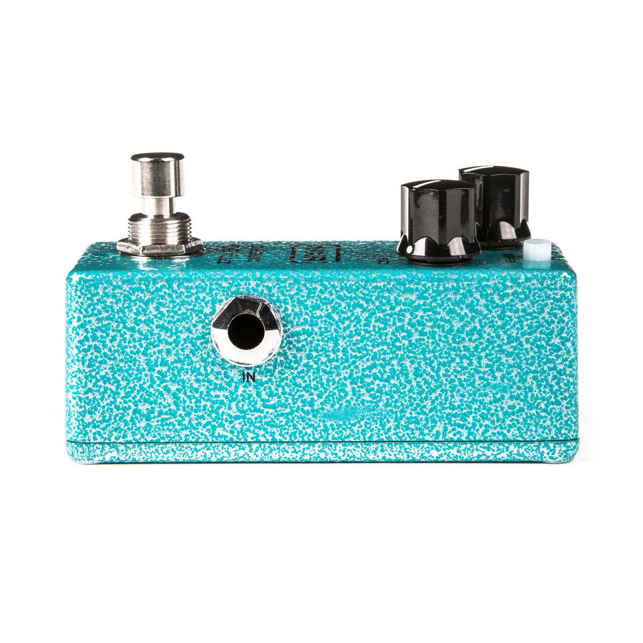 Turquoise effects pedal with a textured finish, two black knobs, a footswitch, and one input jack labeled "IN" on the front side.