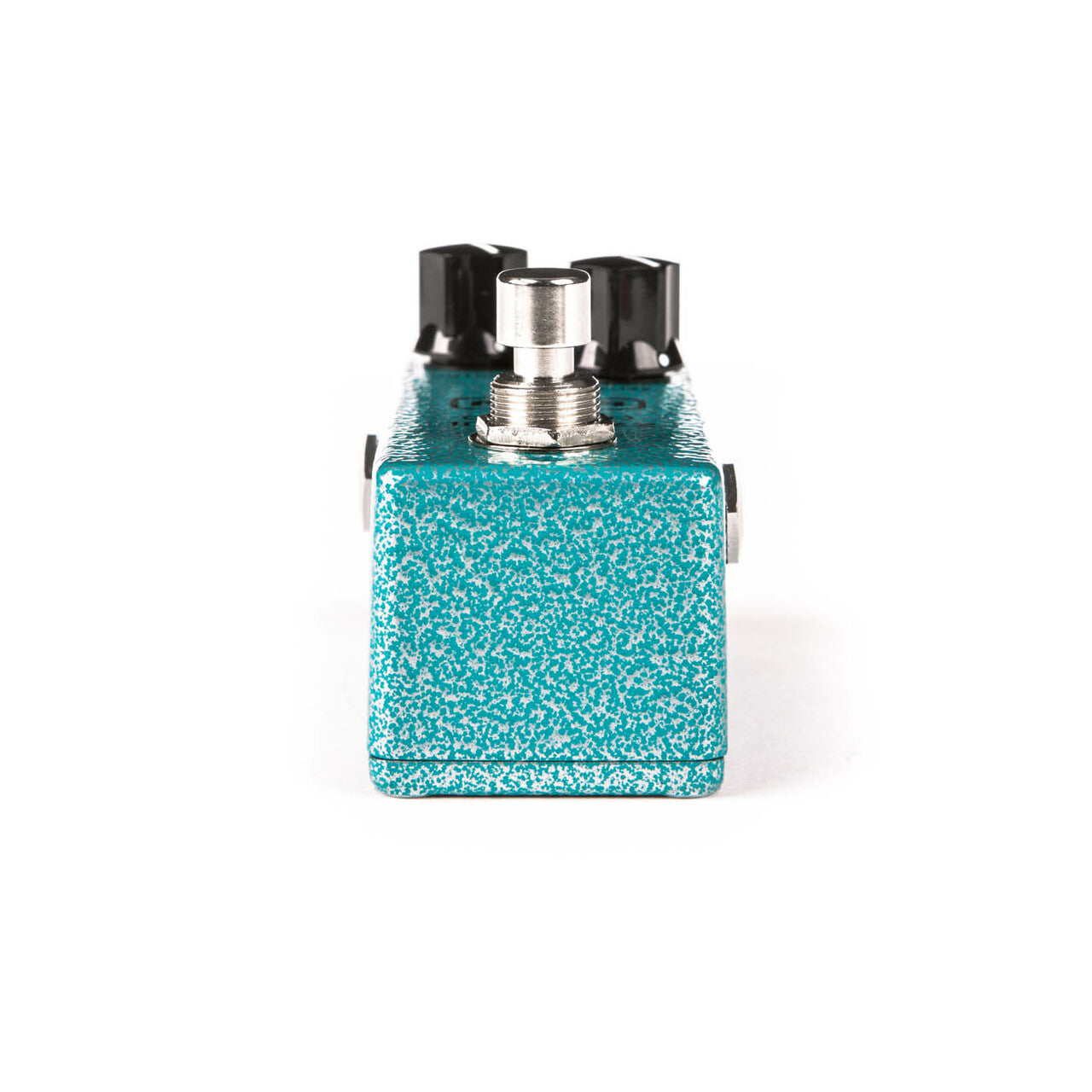 Turquoise textured effects pedal with a metal footswitch on top and two black control knobs visible at the back.