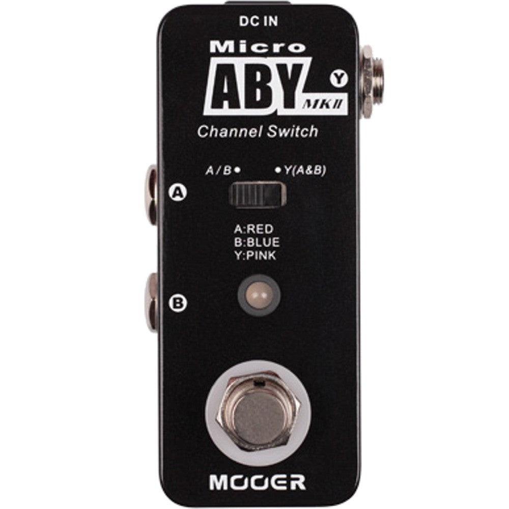 Mooer Micro ABY MKII effects pedal, black, features a footswitch, side toggle switch, labeled A/B channels, and three-color indicator light.