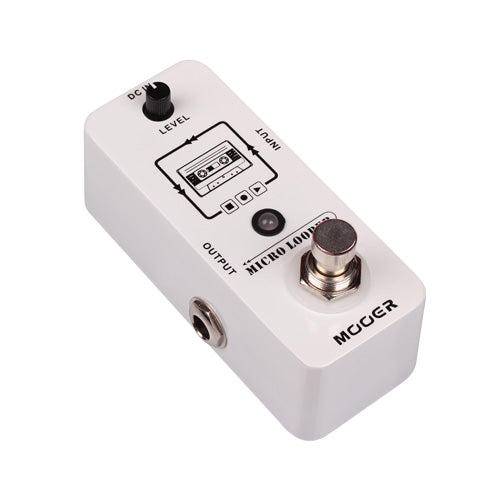 White Mooer Micro Looper effects pedal with a single knob, footswitch, input/output jacks, and a cassette tape graphic on top.