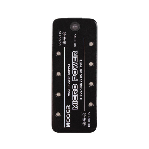Black Mooer Micro Power effects pedal with eight labeled DC 9V output jacks and one DC 12V input jack on the top.