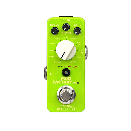 Bright green Mooer Mod Factory MKII effects pedal with three knobs, a large white selector dial, footswitch, and white text labeling settings and modes.
