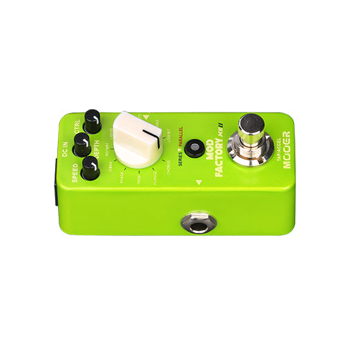 Bright green effects pedal with three small black knobs, one large white knob, a footswitch, and labeled "Mod Factory" and "Mooer" on top.