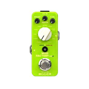 Bright green Mooer Mod Factory MKII effects pedal with three knobs, a large white selector dial, footswitch, and white text labeling settings and modes.