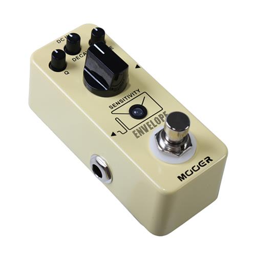 Small cream-colored effects pedal with three black knobs, a large footswitch, and input/output jacks labeled “Envelope” and “Sensitivity.”