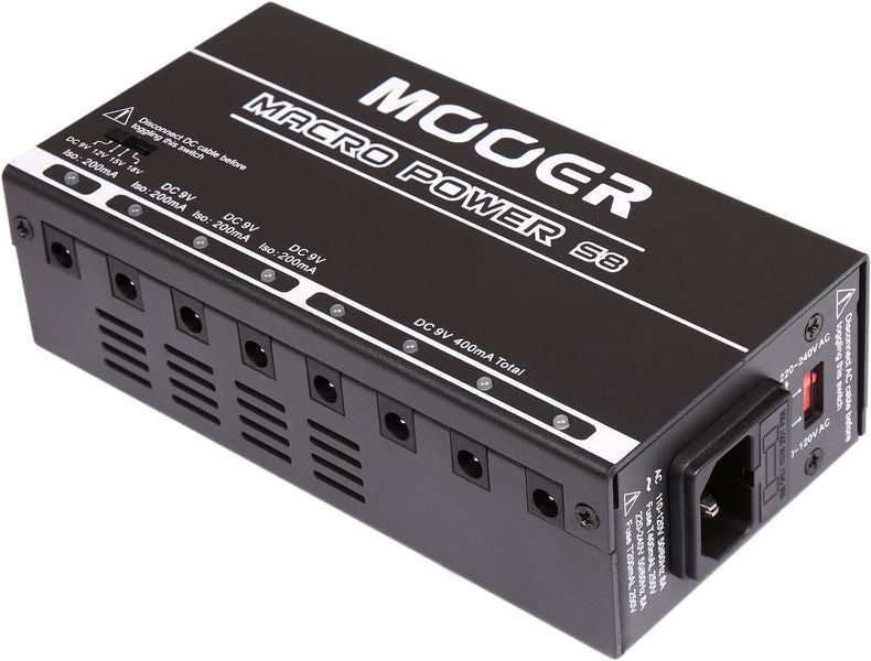 Mooer Macro Power S8 effects pedal power supply, rectangular black box with eight labeled output jacks and a power input socket on one side.