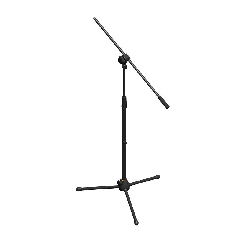 Adjustable black tripod microphone stand with a long angled boom arm and three foldable legs.
