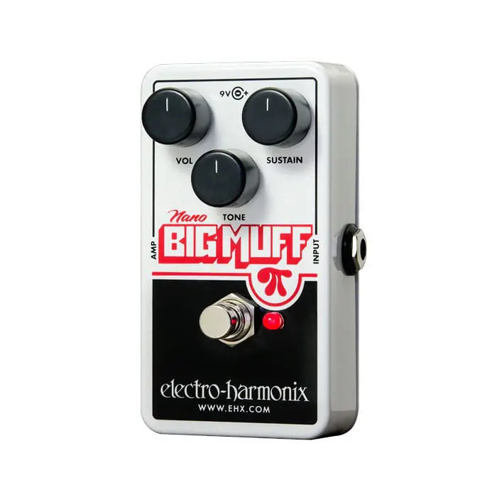 Electro-Harmonix Big Muff Nano effects pedal with three black knobs labeled Vol, Sustain, and Tone, a footswitch, and bold red branding.
