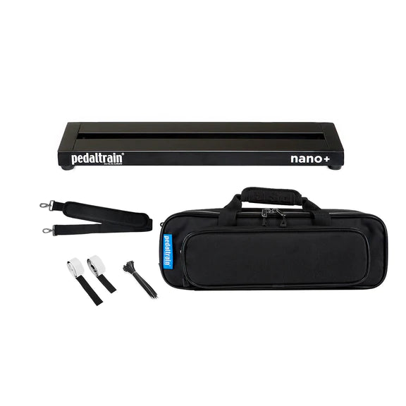 Pedalboard kit includes a slim black pedalboard, padded carrying bag, shoulder strap, adhesive strips, and cable ties for securing pedals.