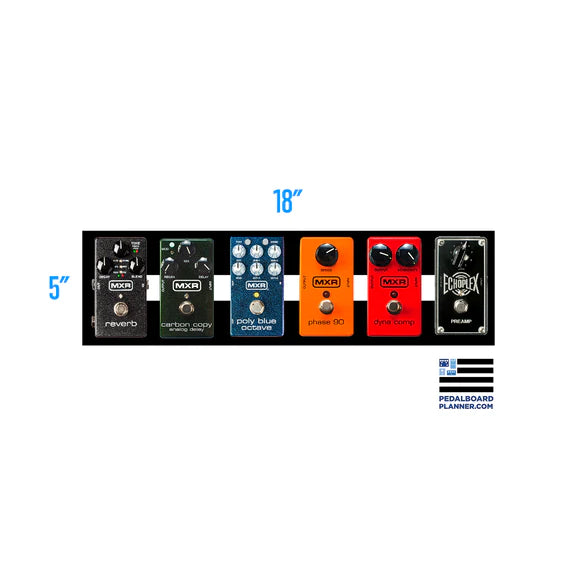 Rectangular pedalboard, 18 inches wide and 5 inches tall, holds six guitar effect pedals in a single row.