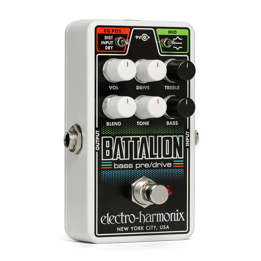 Electro-Harmonix Battalion bass preamp effects pedal with six knobs, two toggle switches, labeled input and output jacks, and a footswitch.