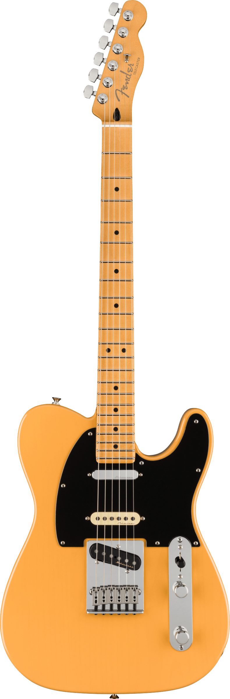 Solid body electric guitar in butterscotch yellow with black pickguard, chrome hardware, two pickups, and a maple neck with black dot inlays.