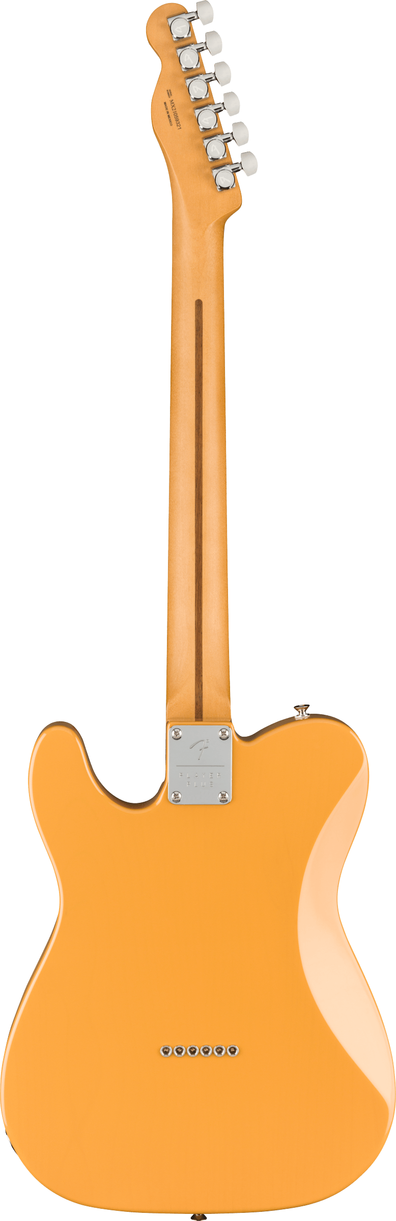 Back view of a solid-body electric guitar in a glossy butterscotch color, with a maple neck, six tuning pegs, and six ferrules for the strings.