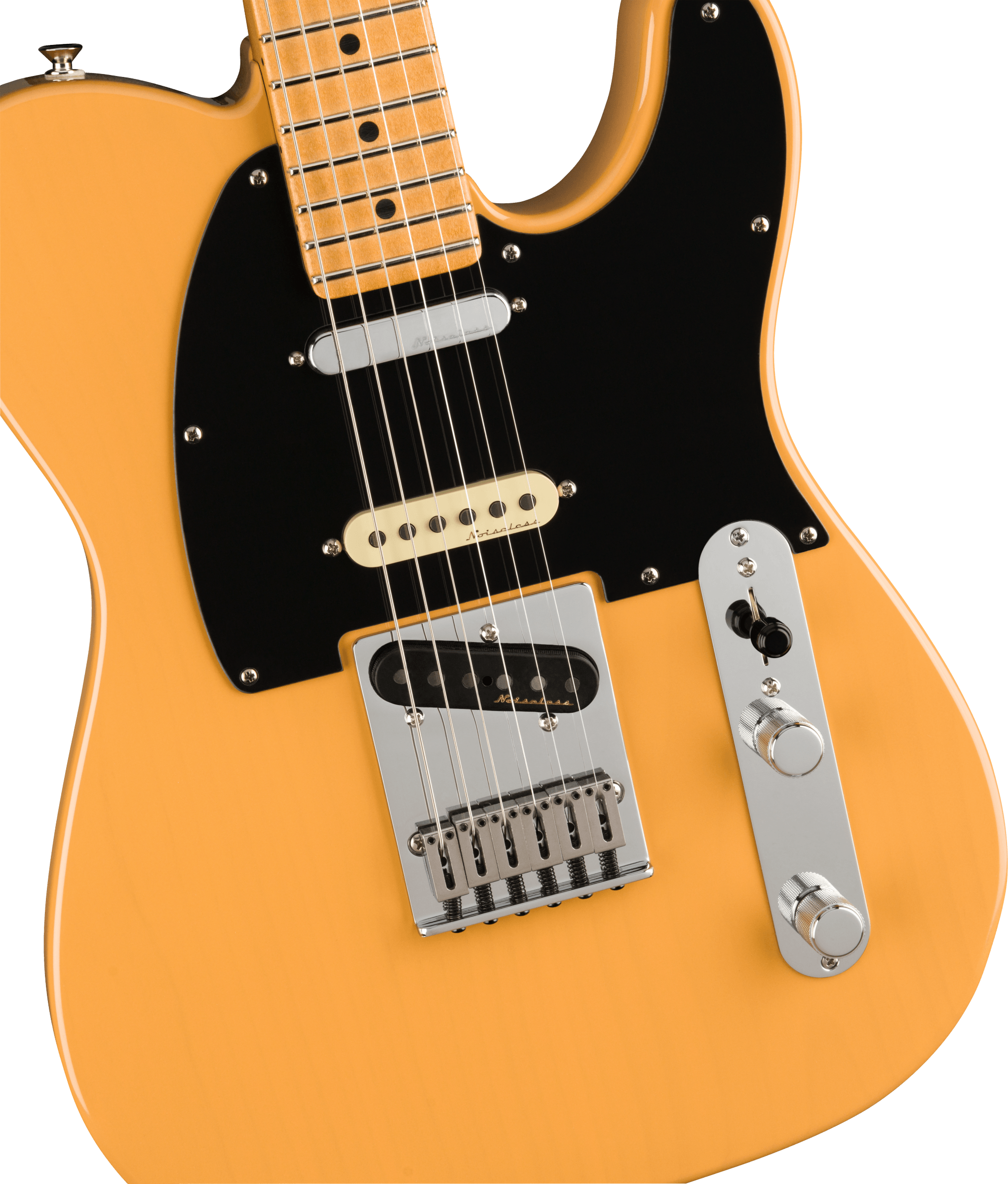 Solid-body electric guitar with a yellow finish, black pickguard, two pickups, chrome bridge, two knobs, and a selector switch.