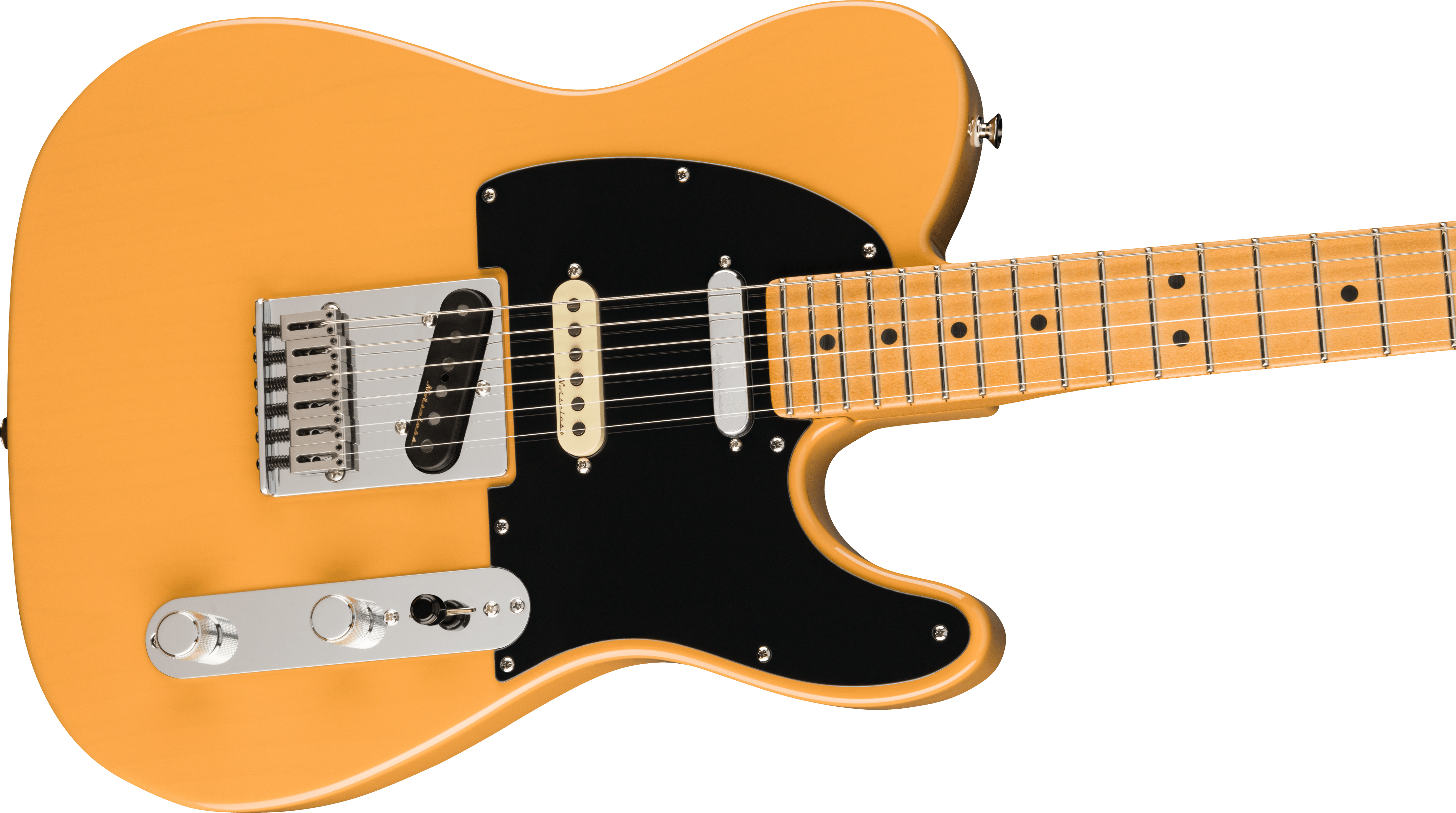 Butterscotch yellow electric guitar with black pickguard, metal knobs, three pickups, and a maple neck with dot inlays.