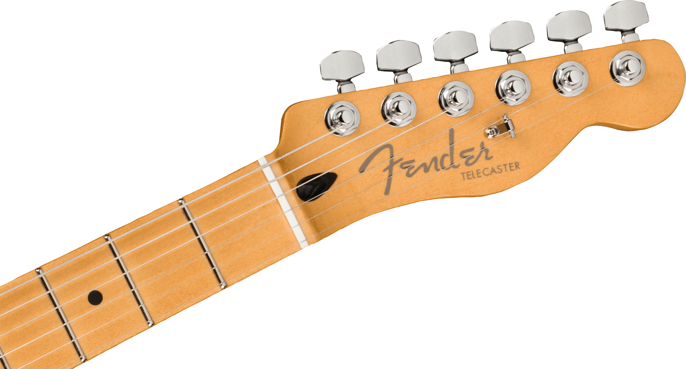 The headstock and neck of a Fender Telecaster electric guitar with six tuning pegs and visible fret markers.