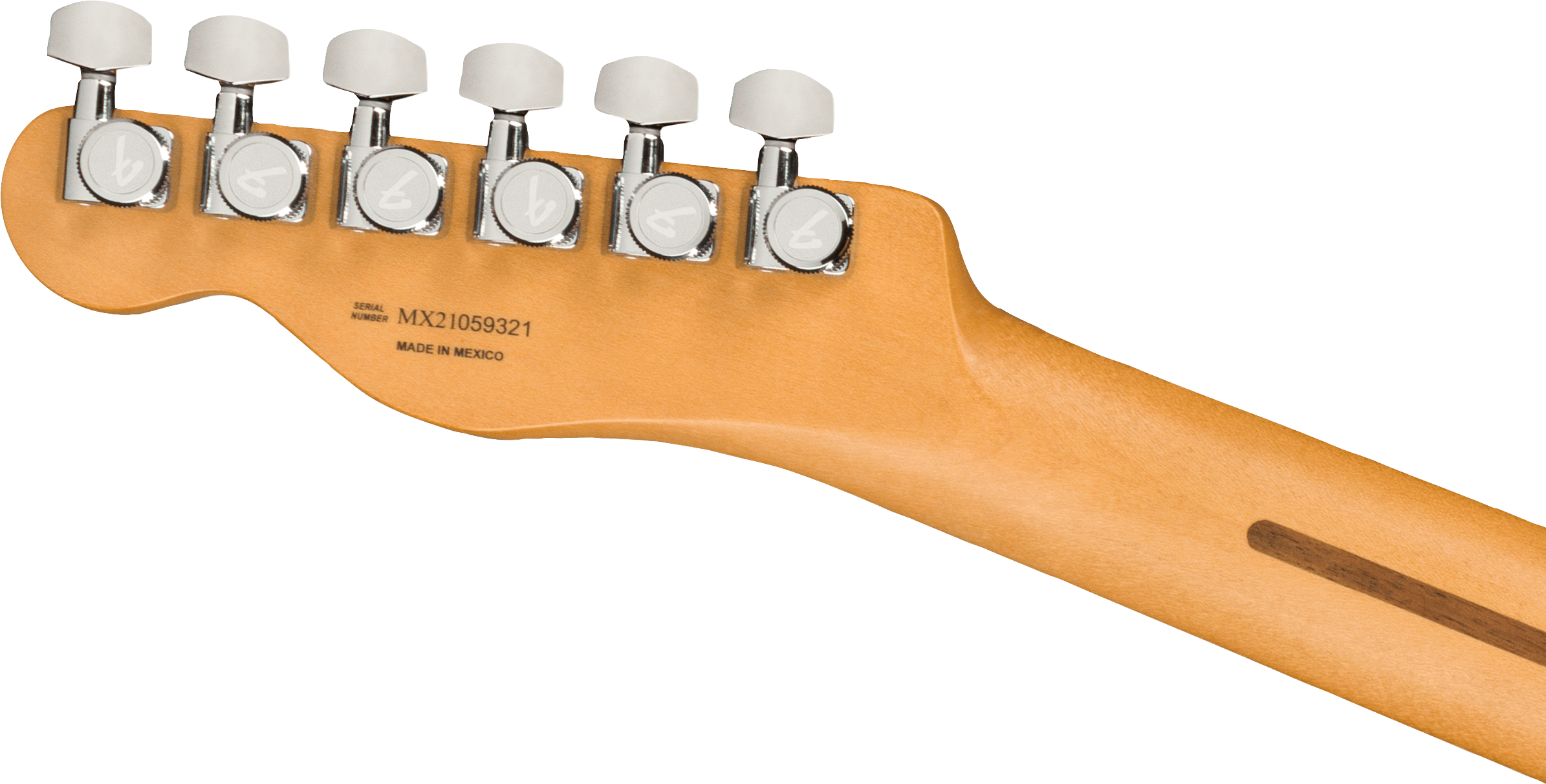 Back of an electric guitar headstock showing six chrome tuning pegs, serial number MX21059321, and “Made in Mexico” stamped on the wood.