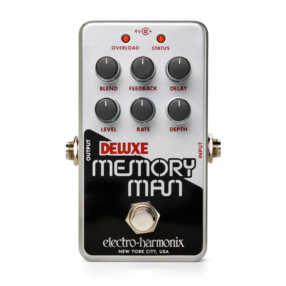 Silver and black Electro-Harmonix Deluxe Memory Man effects pedal with six knobs, two indicator lights, and a footswitch.