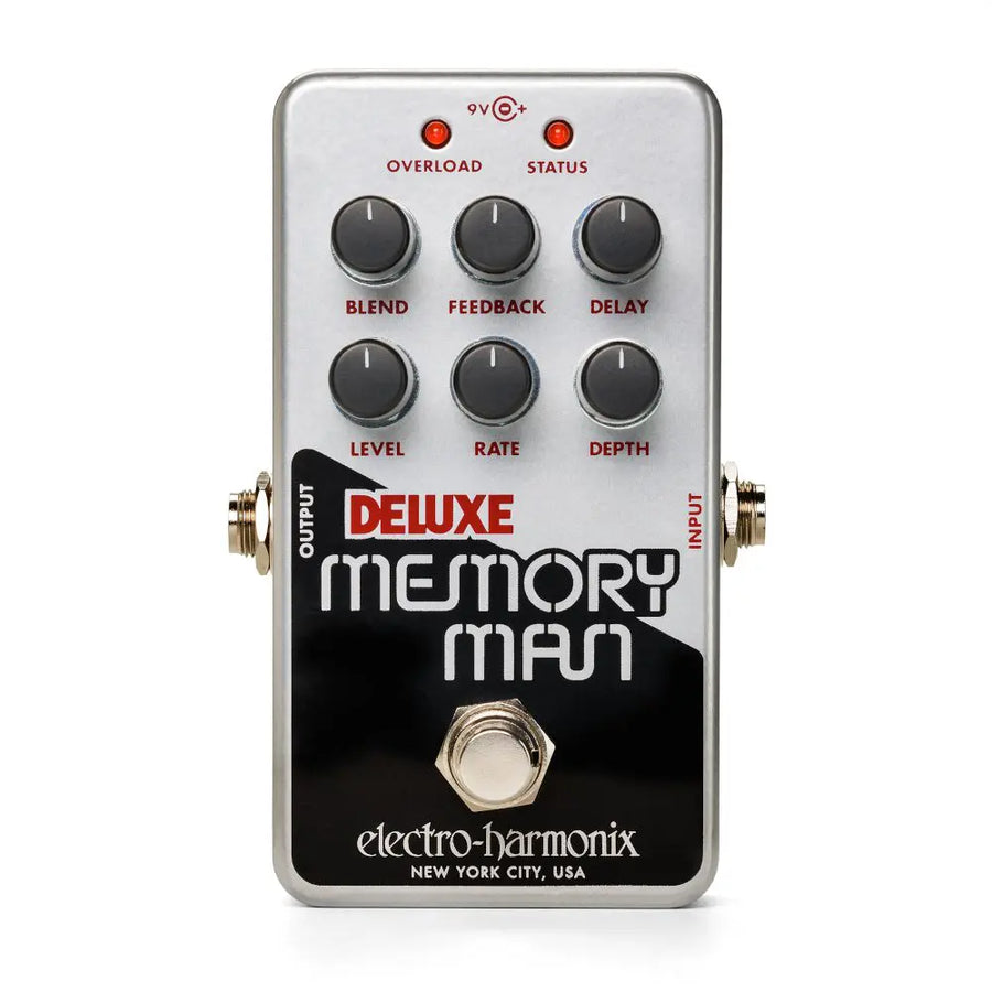 Silver and black Electro-Harmonix Deluxe Memory Man effects pedal with six knobs, two indicator lights, and a footswitch.