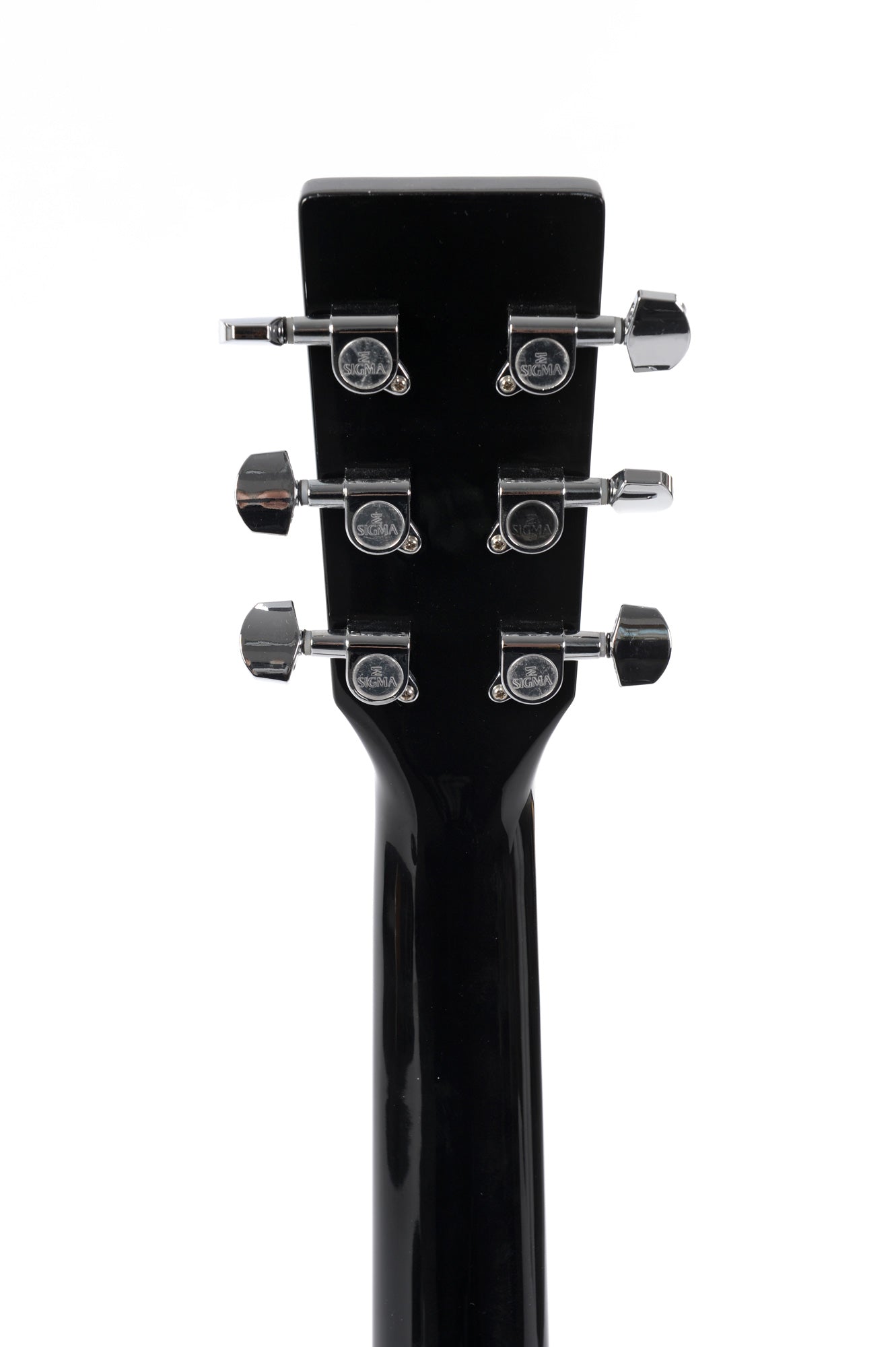 Black acoustic guitar headstock and neck, showing six chrome tuning pegs and the Sigma brand logo on each peg.
