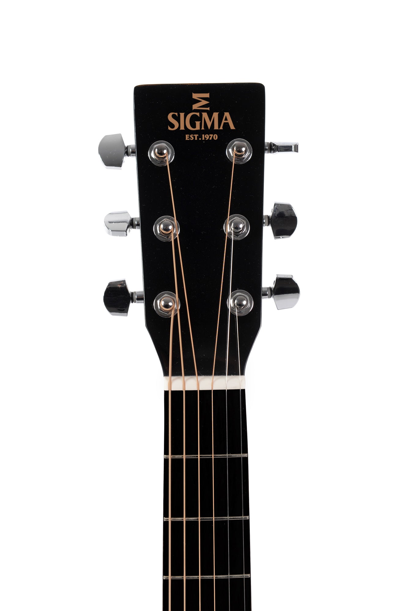 Black headstock of a Sigma acoustic guitar with six metal tuning pegs, gold lettering, and six steel strings extending down the neck.