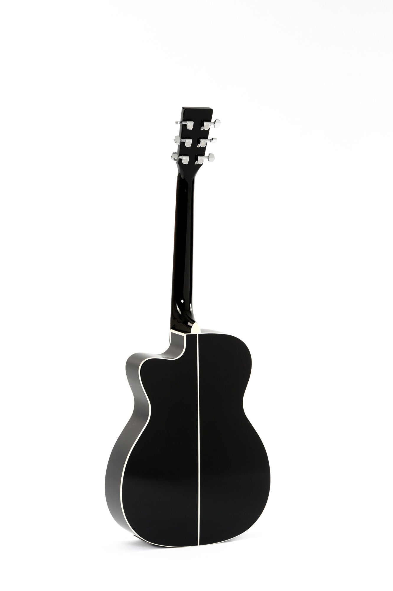 Black acoustic guitar shown from the back, featuring white trim along the edges and a vertical white stripe down the center.