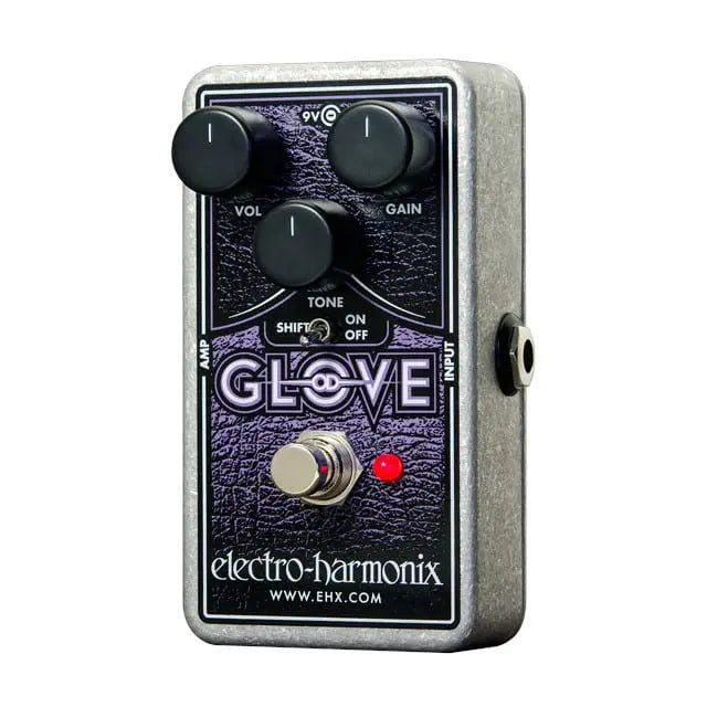 Electro-Harmonix Glove effects pedal with three knobs labeled Vol, Gain, Tone, a shift switch, footswitch, and red LED indicator.