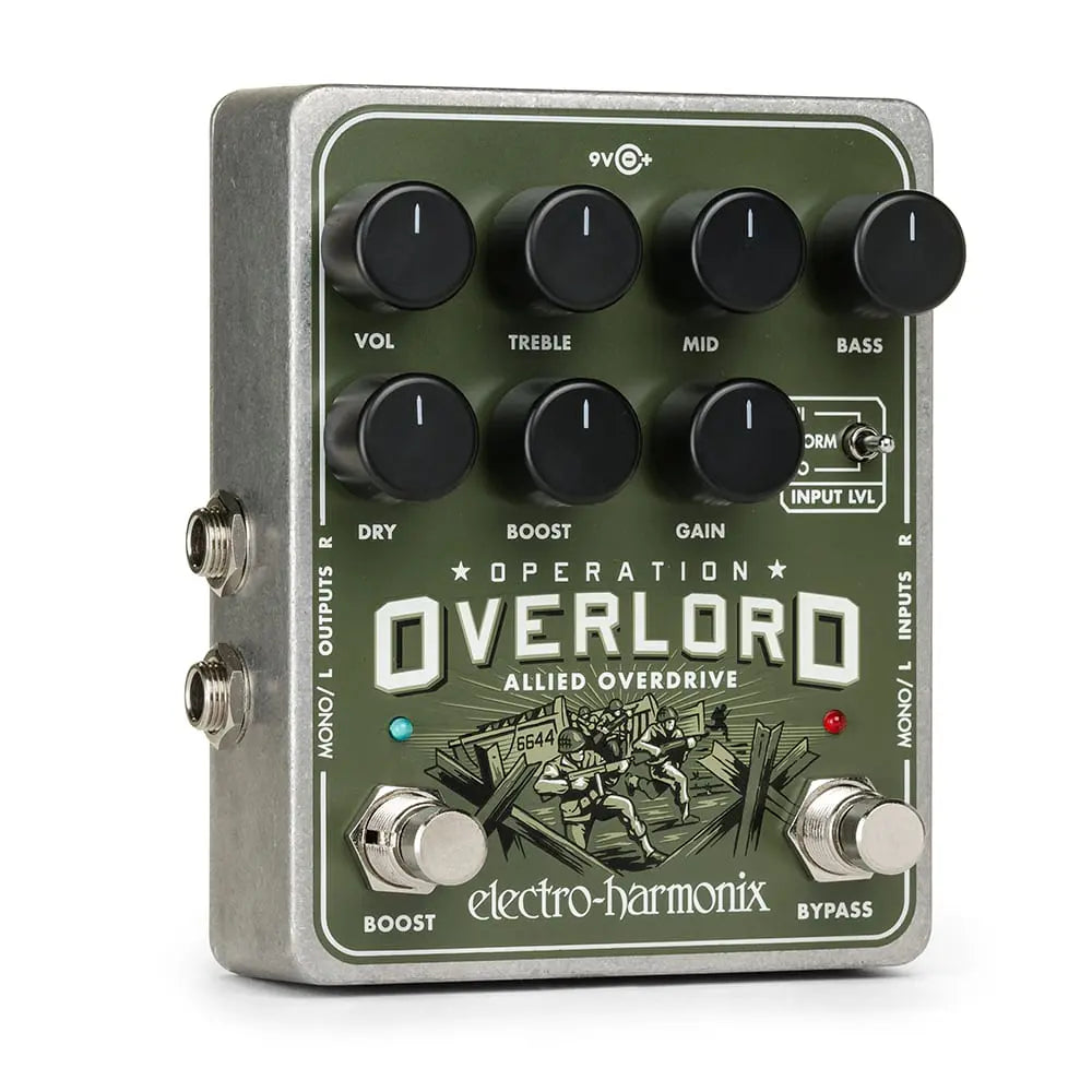 Green Electro-Harmonix Operation Overlord effects pedal with six control knobs, two footswitches, and labeled input-output jacks on the sides.