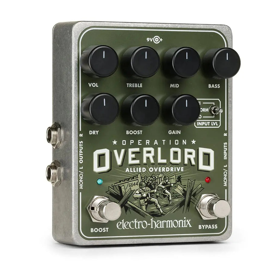 Green Electro-Harmonix Operation Overlord effects pedal with six control knobs, two footswitches, and labeled input-output jacks on the sides.
