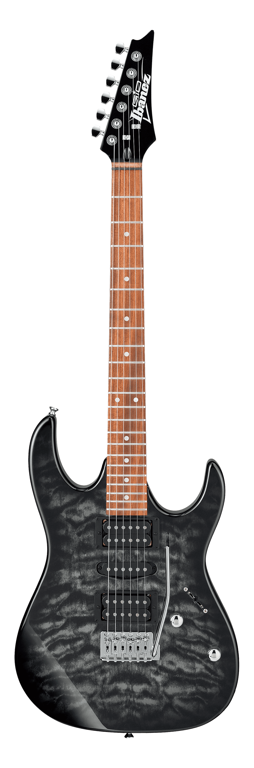 Ibanez electric guitar with a black and gray quilted top, two humbucker pickups, 24 frets, six tuning pegs, and a whammy bar.