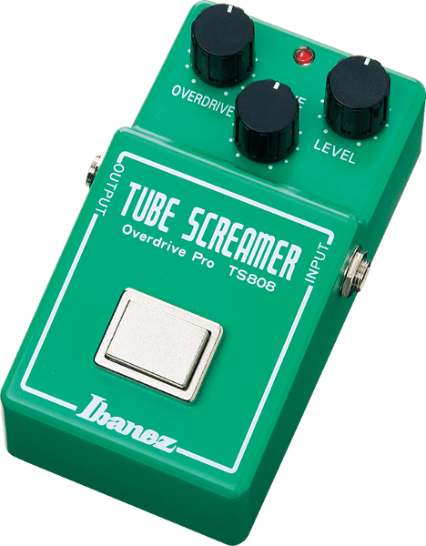Green Ibanez Tube Screamer TS808 overdrive FX pedal with three black knobs labeled overdrive, tone, level, a footswitch, and input/output jacks.