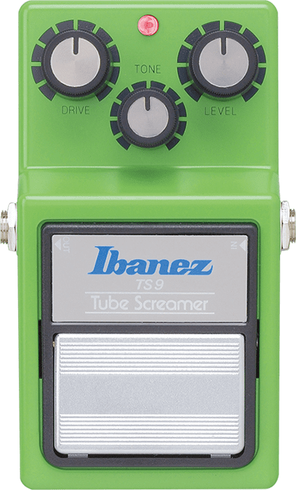 Bright green Ibanez TS9 Tube Screamer FX pedal with three black knobs labeled Drive, Tone, and Level above a silver footswitch.