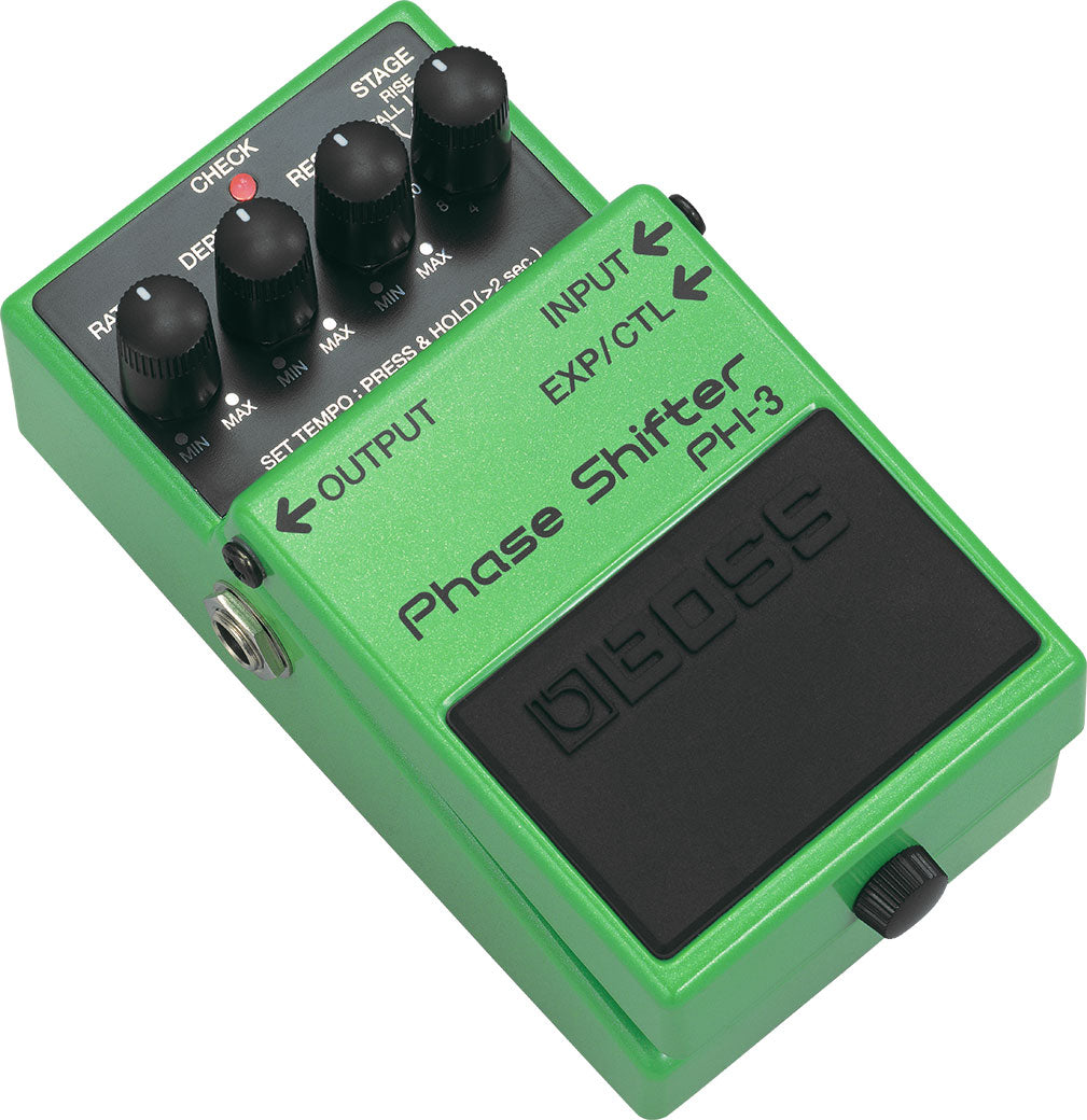 Green Boss Phase Shifter PH-3 effects pedal with four black adjustment knobs and labeled input, output, and footswitch on the top.